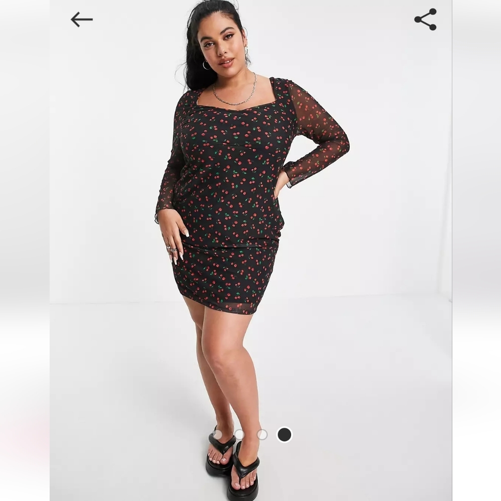 ASOS Design Curve Long Sleeve Mesh Ruched Black Cherry Print Mini Dress 14